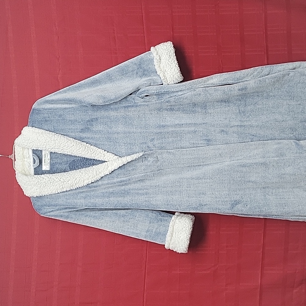 Anne Klien Womens Robe Blue Plush Open Front Size S/M, Plush Trim